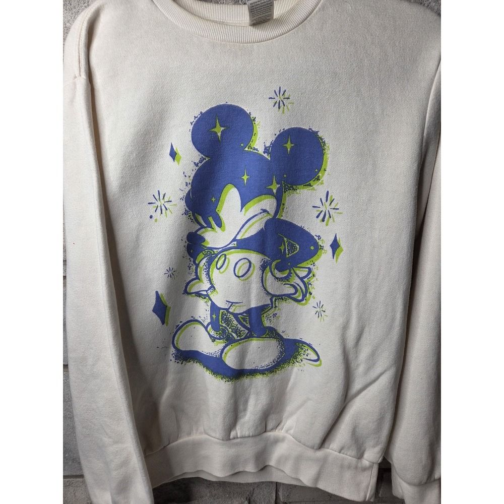 Disney Mickey Mouse Graphic Sweatshirt Ivory Blue Neon Green Star S 2DNY6913